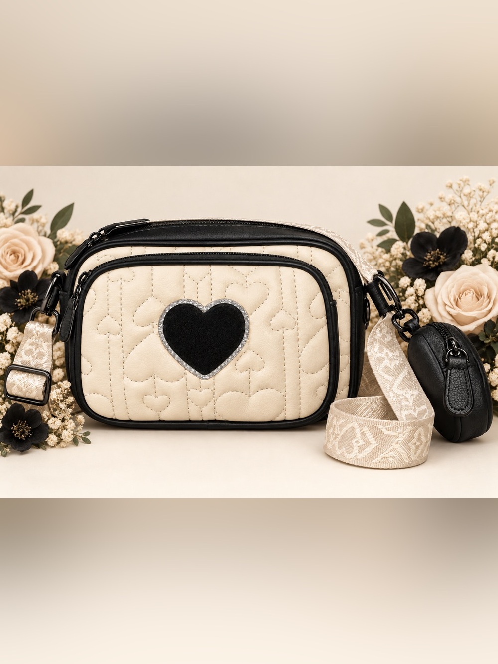 Betsey Johnson Cream Quilted Crossbody with Black Heart Accent